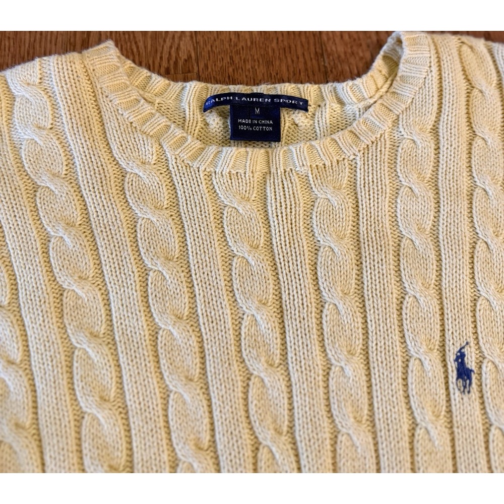 Ralph Lauren Yellow Cable Knit Cotton Sweater Womens Medium Navy Pony Logo - Picture 3 of 5